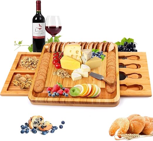 Amazon Com Bamboo Cheese Board With Cheese Tools Cheese Plate Charcuterie Board Platter Set Serving Tray For Wine Cracker Brie And Meat Large Thick Wooden Server Fancy House Warming Gift For Gourmets