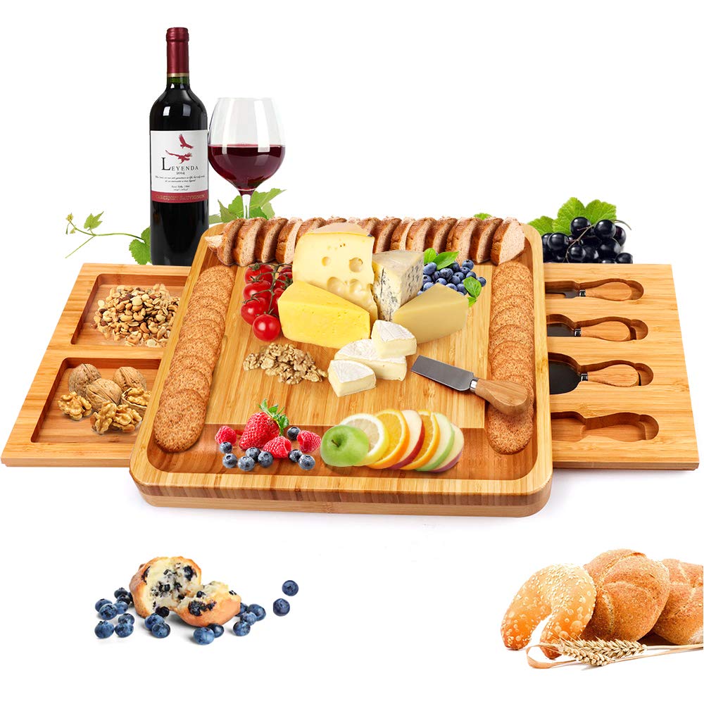 Bamboo Cheese Board with Cheese Tools, Cheese Plate Charcuterie Board Platter Set Serving Tray for Wine Cracker Brie and Meat, Large Thick Wooden Server, Fancy House Warming Gift for Gourmets