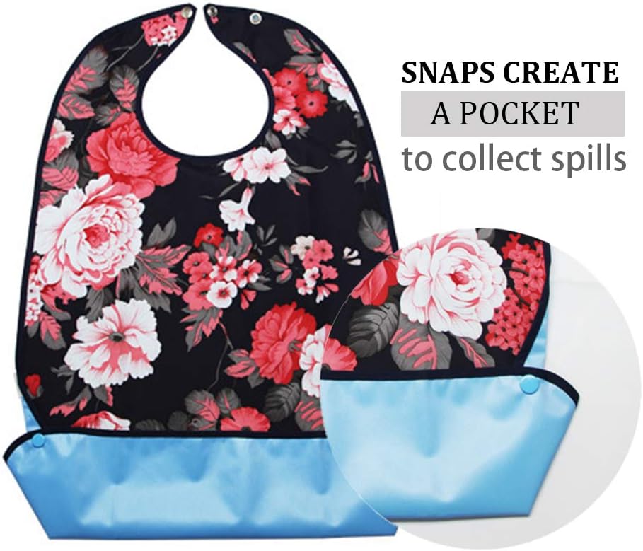 Vlokup Adult Bibs for Eating Women & Men, 3 Pack, Waterproof Mealtime Clothing Protector for Elderly, Optional Crumb Catcher, Adjustable Snaps, Reuasale Washable, Rose & Lips: Health & Personal Care