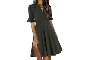 Mokayee Womens Summer V Neck Ruffle Short Sleeve Fit and Flare Knee Length Church Wedding Guest Dresses with Pockets