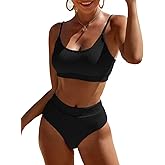 Fanuerg Women's Ribbed High Waisted Bikini Sets Scoop Neck Two Piece Swimsuits Spaghetti Strap Textured Bathing Suit