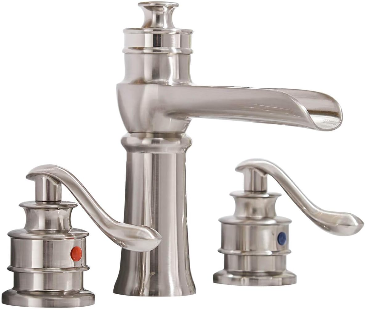 Widespread Bathroom Faucet Brushed Nickel Two Handle 8-16 Inch 3 Holes Waterfall Bath Lavatory Sink Basin Mixer Tap Deck Mount Commercial Supply Line Lead-Free by Homevacious