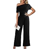 LOOKBOHO Women's Jumpsuits Dressy Casual Off Shoulder Jumpsuit Boat Neck Wide Leg Long Pant Romper One Piece Outfits