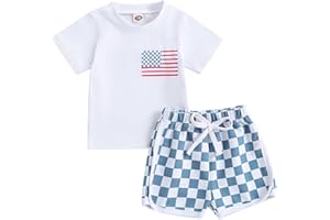 HOANSELAY Baby Boy 4th of July Summer Outfit American Flag Short Sleeve T Shirt + Checkered Shorts Toddler 2PCS Clothes Set