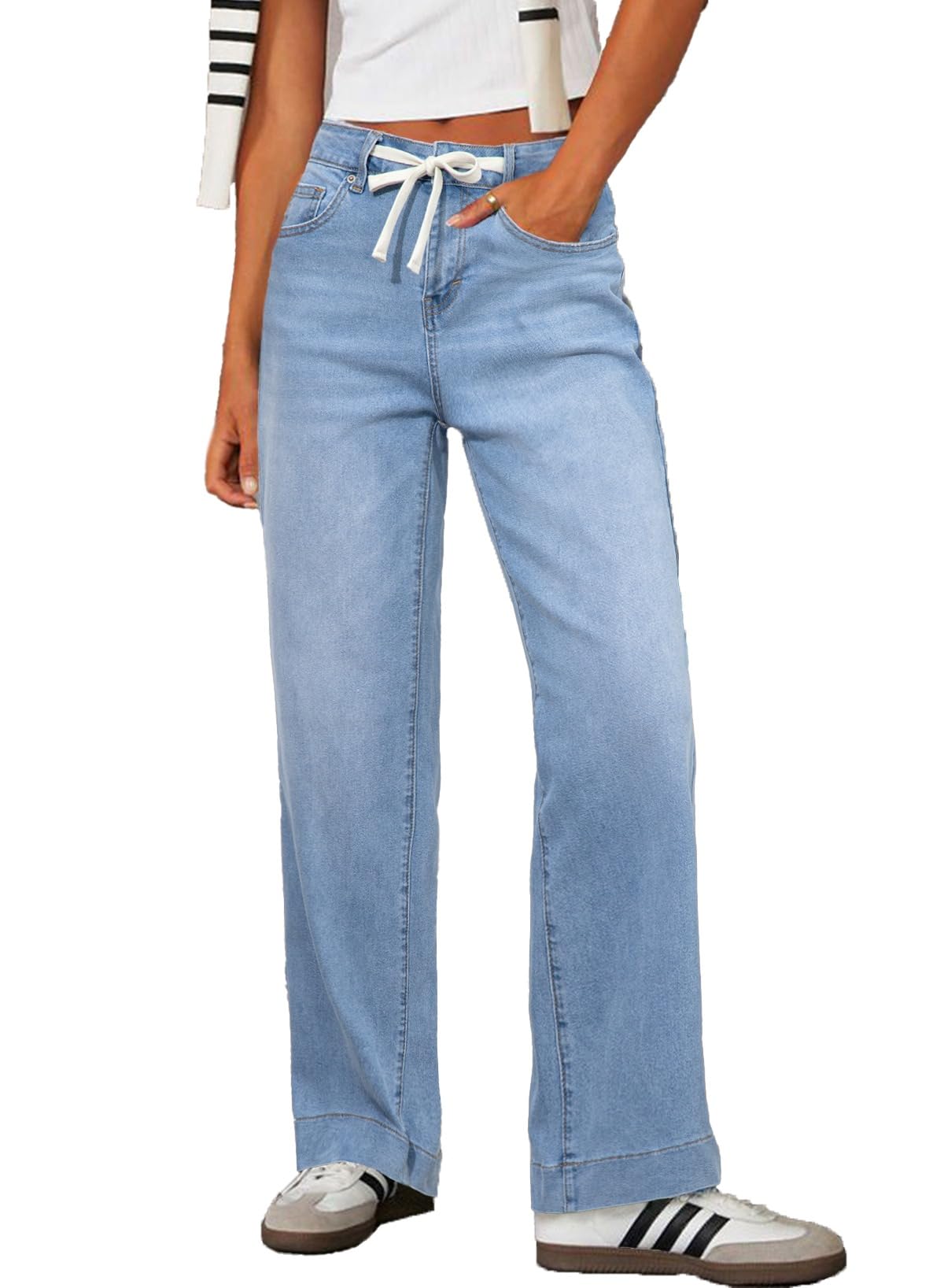 View 1 of ** MISSING DRAW STRING** Sidefeel Jeans for Women Western Outfit High Waisted Drawstring Wide Leg Denim Pants Iceland Blue Size 8