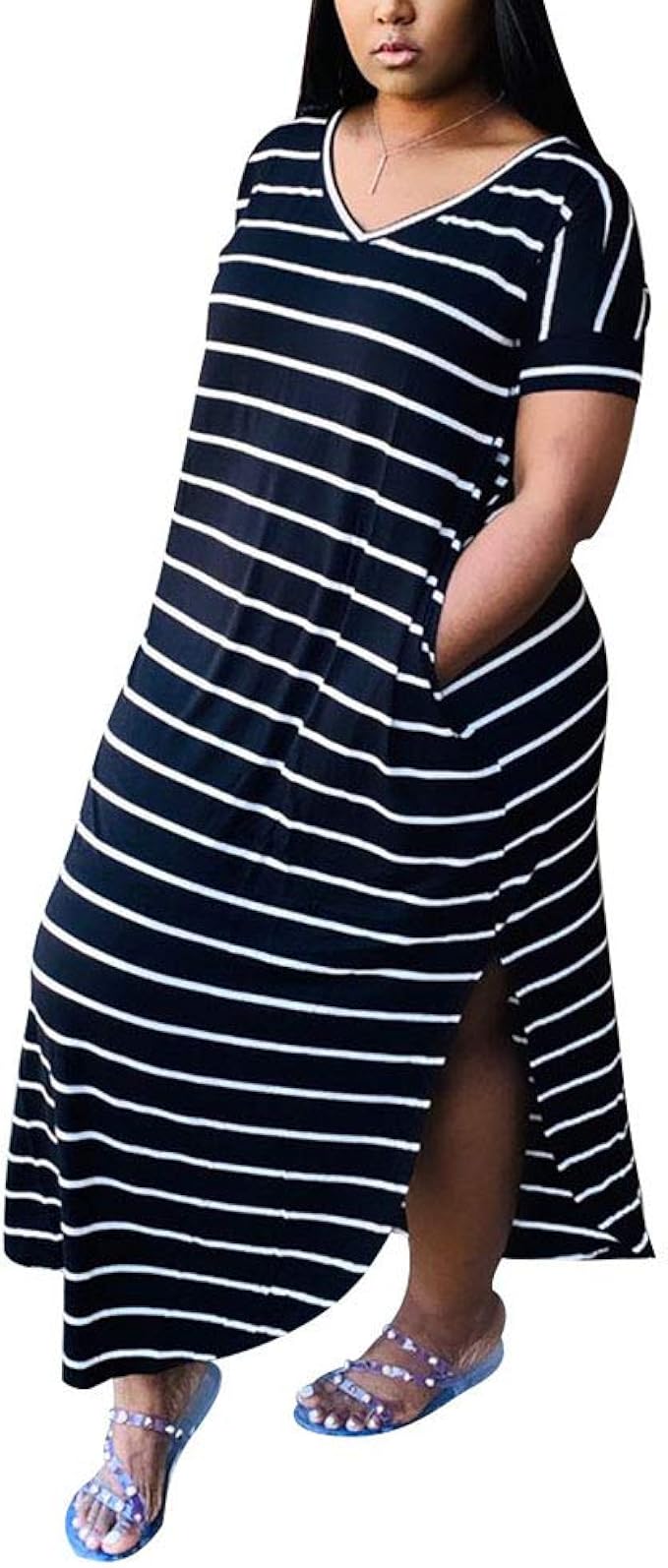 Women's Short Sleeve Casual Dresses Classic Striped V Neck Loose