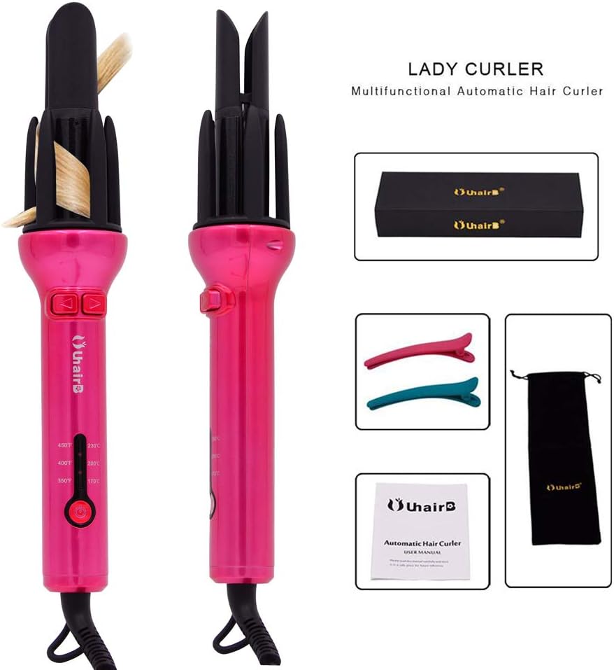 UuhairB Automatic Hair Curling Wand Automatic Instant Curler Titanium Ceramic Wand Rotating Waver 1.1 Inch Barrel,Dual Voltage (Red)