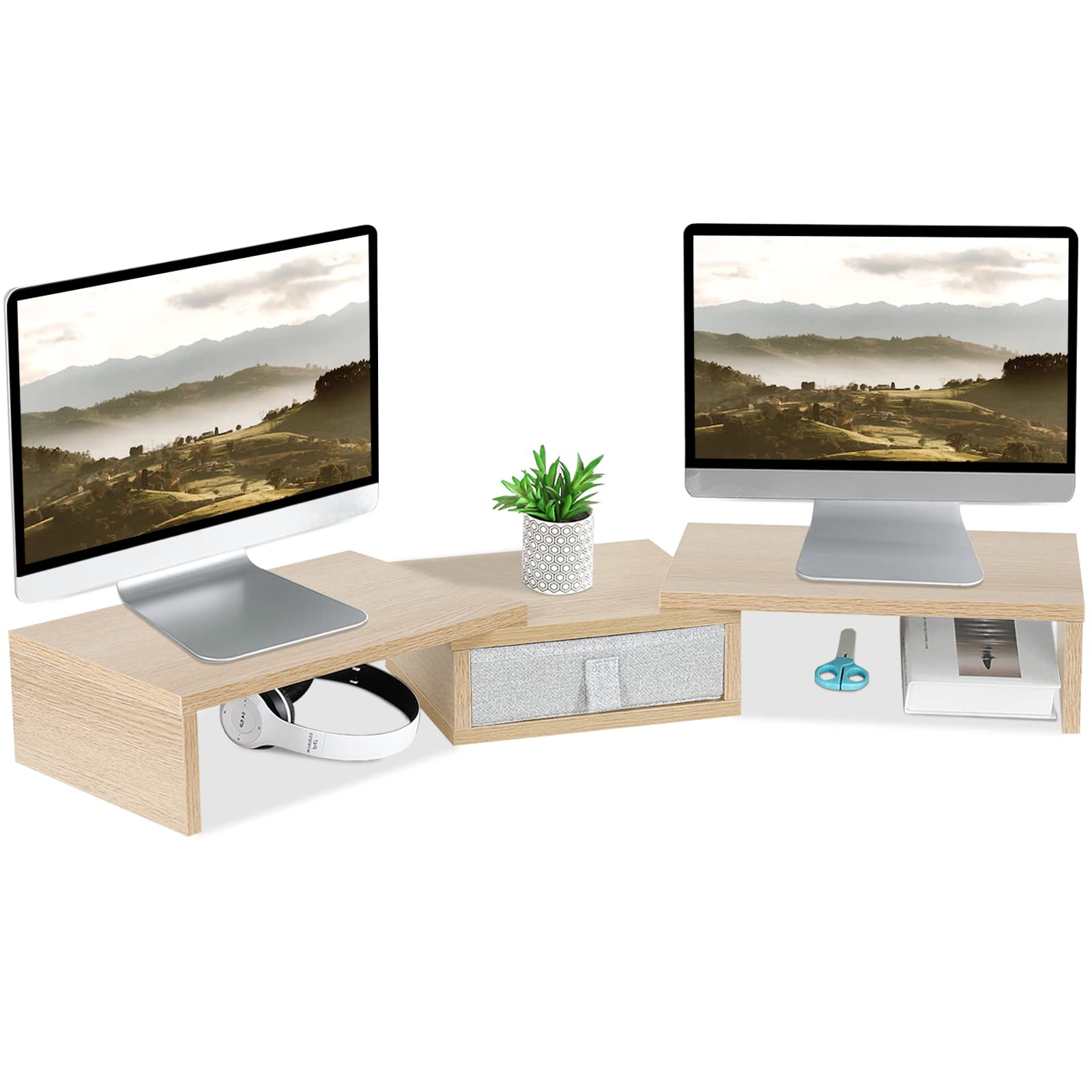 Photo 1 of TEAMIX 3 Shelf Monitor Stand Riser with Drawer-Length and Angle Adjustable Dual Monitor Riser with Storage Corner Desk Shelf Organizer Large Computer Stand for 2 Monitors/Laptop (Maple, 1 Drawer)