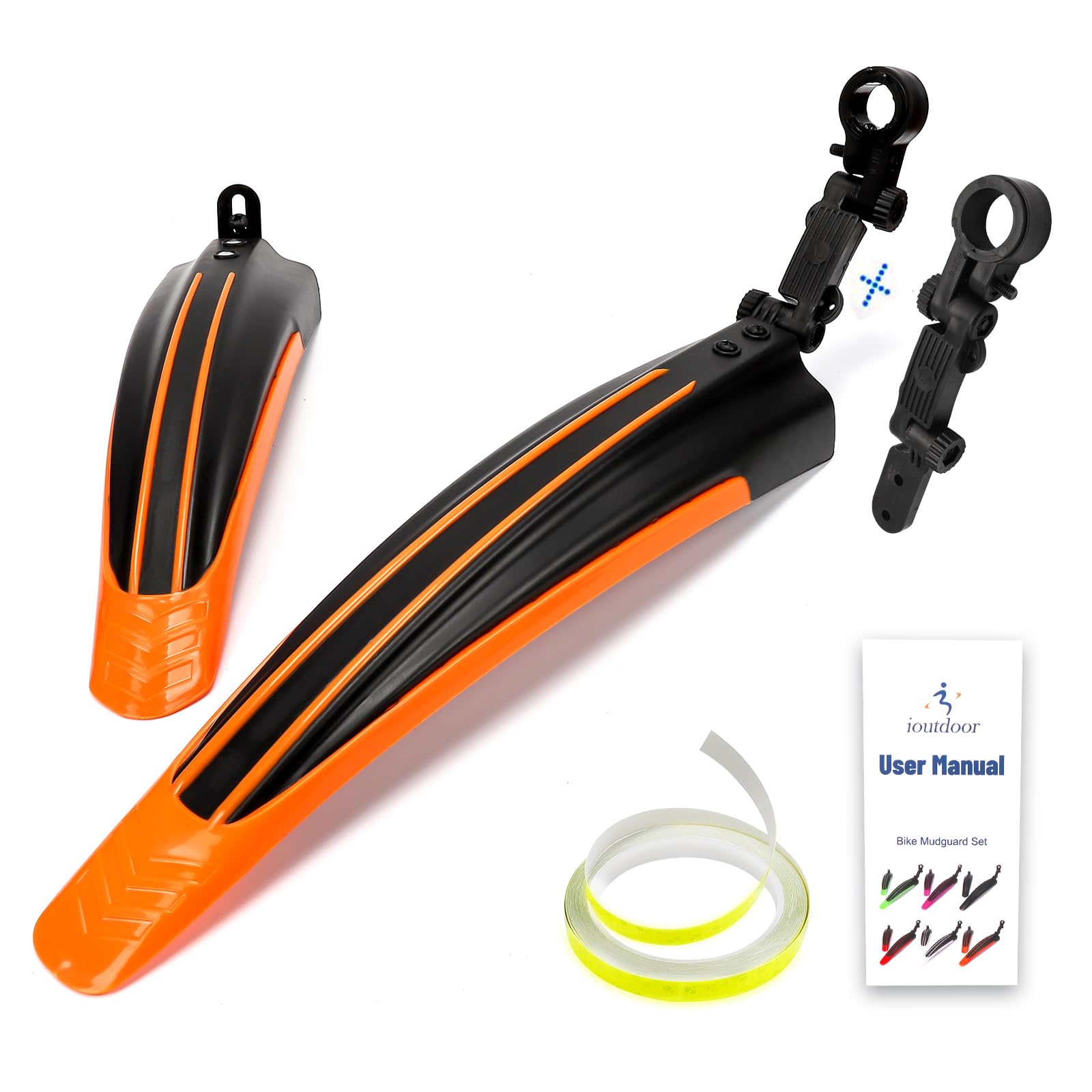 ioutdoor Bike Mudguard Set with 27ft DIY Reflective Tape, Bike Fenders Set Adjustable,Bicycle Front and Rear Mud Guard Fits for 20",22",24",26",27",28" MTB Mountain Road Bike Cycling (Black Orange) — image 1