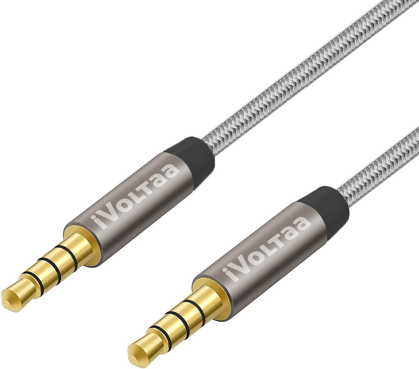 iVoltaa iVAUX Braided 3.5mm Aux Audio Cable - 4.9 Feet (1.5 Meter) - Grey