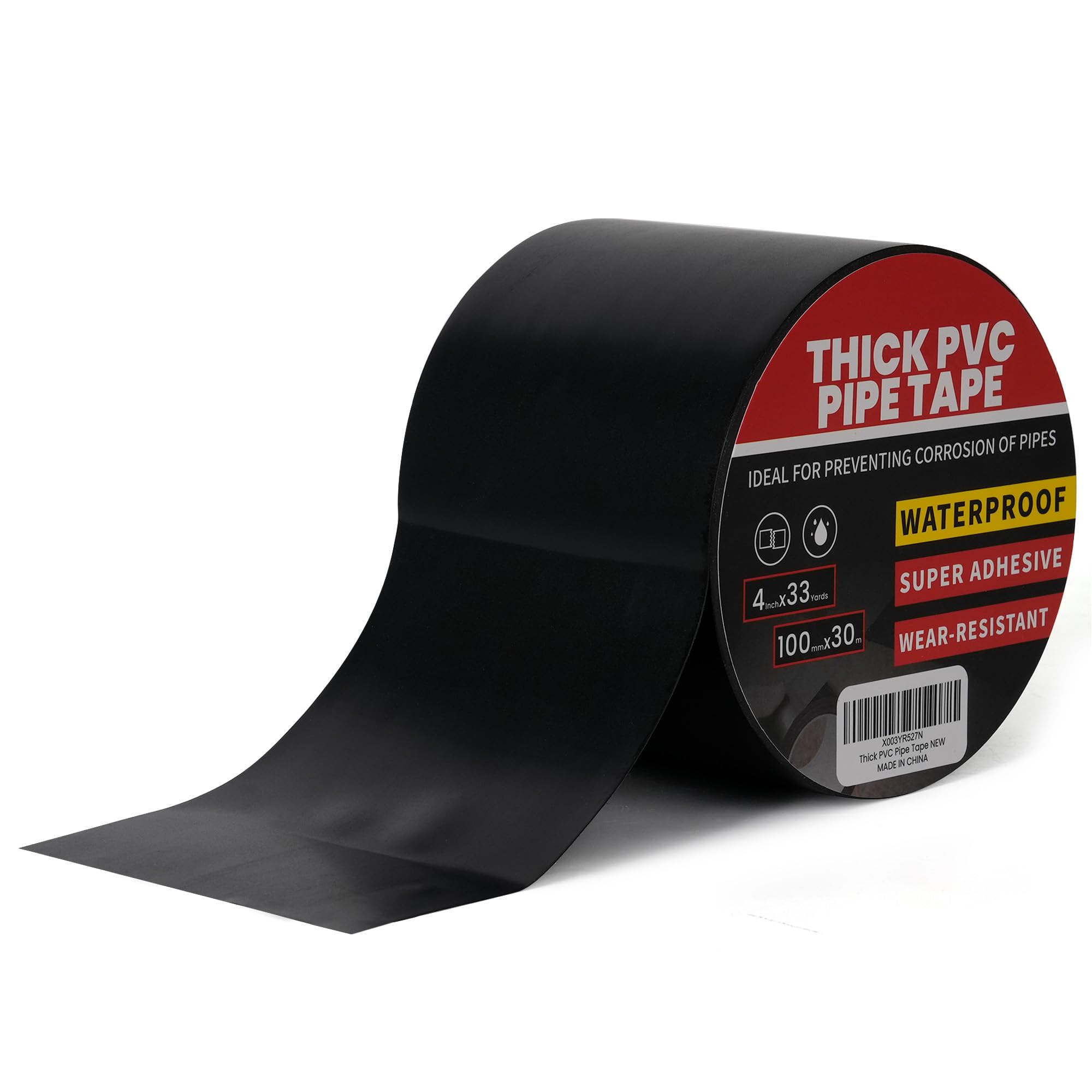 TAPEBEAR Corrosion Protection Pipe Tape, 10mil Pipe Wrap Tape for Drain Pipe, Metal Electrical Outdoor Underground Pipe, Waterproof PVC Black Tape Thicker for Hose Leak Proof, 100mm x 30m