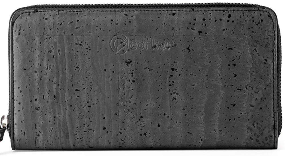 Corkor RFID Wallet Women Zip Around Clutch, Natural Cork Non-Leather Vegan Gift , Medium, Black
