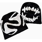 Winatehr Black Graphic Beanie for Men Women, Streetwear y2k Knitted Hat, Slouchy Goth Skull Cap (2 pcs)