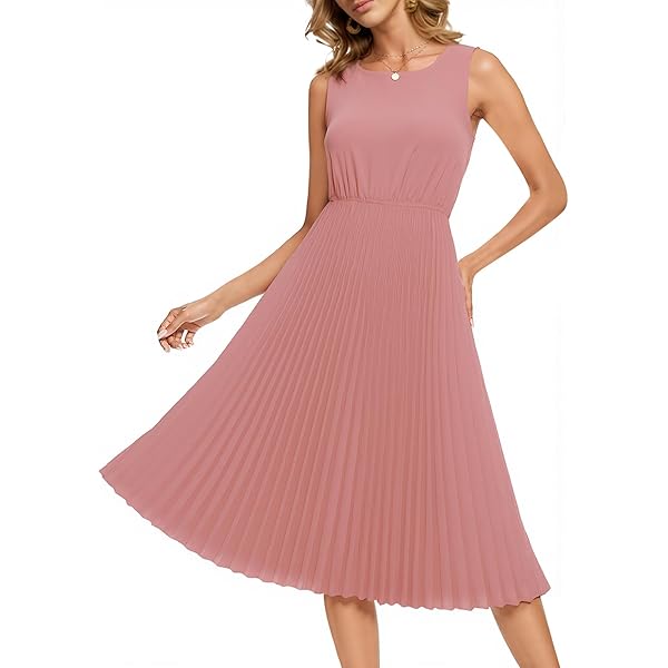IKADEX Women Swiss Dot Pleated A-line Midi Dress Sleeveless Tie V-Neck  Summer Casual Cocktail Dress Rust Red M at Amazon Women's Clothing store