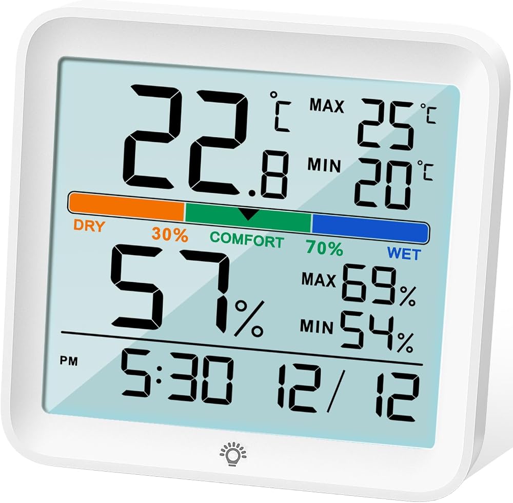 NOKLEAD Hygrometer Indoor Thermometer Digital Room Humidity Gauge Max Min Clock