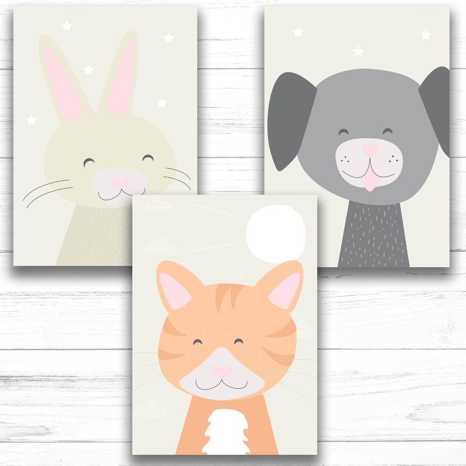 Fabian Roo 3pc Hand Drawn Nursery Décor - Adorable A4 Card Prints - Optional Wooden Frames Available! (05 - Cat, Dog, Rabbit (Cream), A4 Card Print)