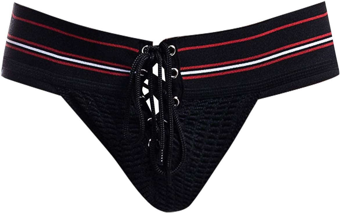 Men Sexy Jockstrap Tie Rope Open Back Breathable Stripe Lace Up Underwear