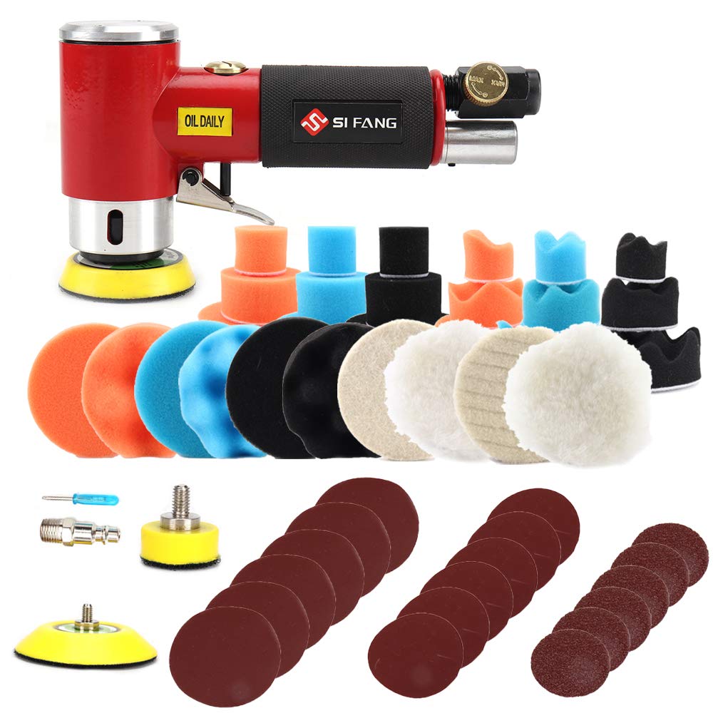 SI FANG 48Pcs Mini Random Orbital Air Sander Kit - High Speed Auto Body Work Sander, Includes 1/2/3in Polishing Sponge & Wool Pads Sandpapers