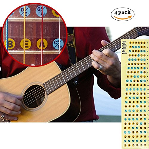 Pakala66 4 Pack Guitar Fretboard Note Decals Fingerboard Frets Map Sticker for Beginner Learner Practice Fit 6 Strings Acoustic Electric Guitar