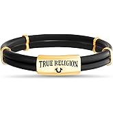 True Religion Simulated Black Leather Horseshoe ID Style 9 Inch Bracelet for Men 14K Yellow Gold Plated Brass