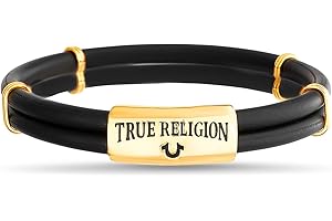 True Religion Simulated Black Leather Horseshoe ID Style 9 Inch Bracelet for Men 14K Yellow Gold Plated Brass