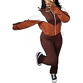 Ophestin Women 2 Piece Outfits Sweatsuits Color Block Long Sleeve Zip Up Cropped Jacket Jogger Pant Set Tracksuits