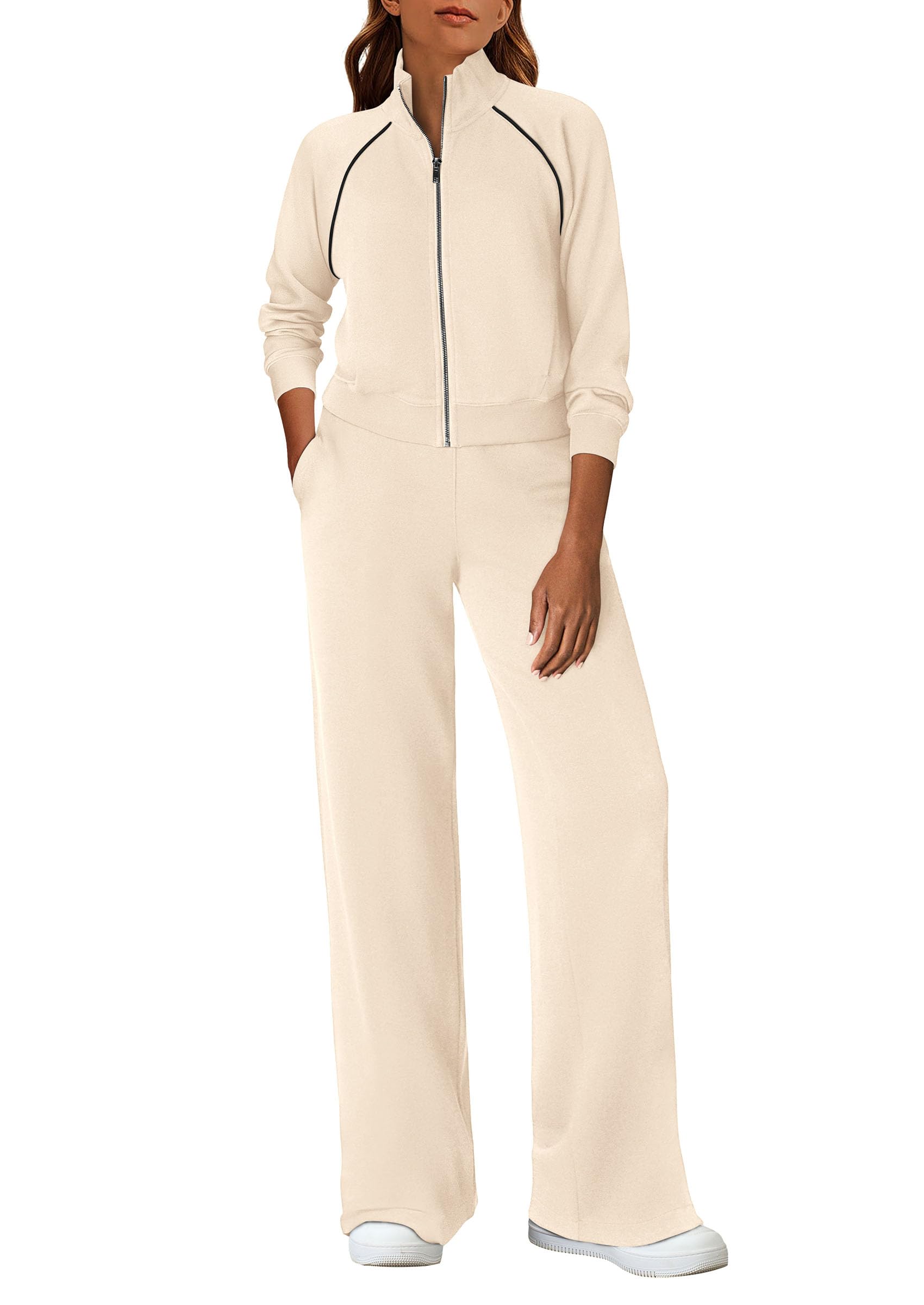 Photo 1 of PRETTYGARDEN Womens 2 Piece Outfits Sweatsuits 2025 Fall Full Zip Sweatshirts Workout Pants Matching Lounge Sets Tracksuits (Beige,Medium)
