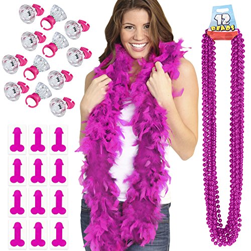 Pink Pecker Bachelorette Party Favors Kit - 1 Pink Boa, 12 Hot Pink Party Beads, 12 Light Up Rings & 12 Pink Pecker Bachelorette Party Tattoos