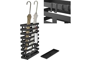 Tudomro Umbrella Stands for Entryway Large Metal Umbrella Holder 3.94 x 11.81 x 16.93 Inches with Removable Water Tray and Hooks Decor Freestanding Rectangular Hollow Rack for Home Office (Black)