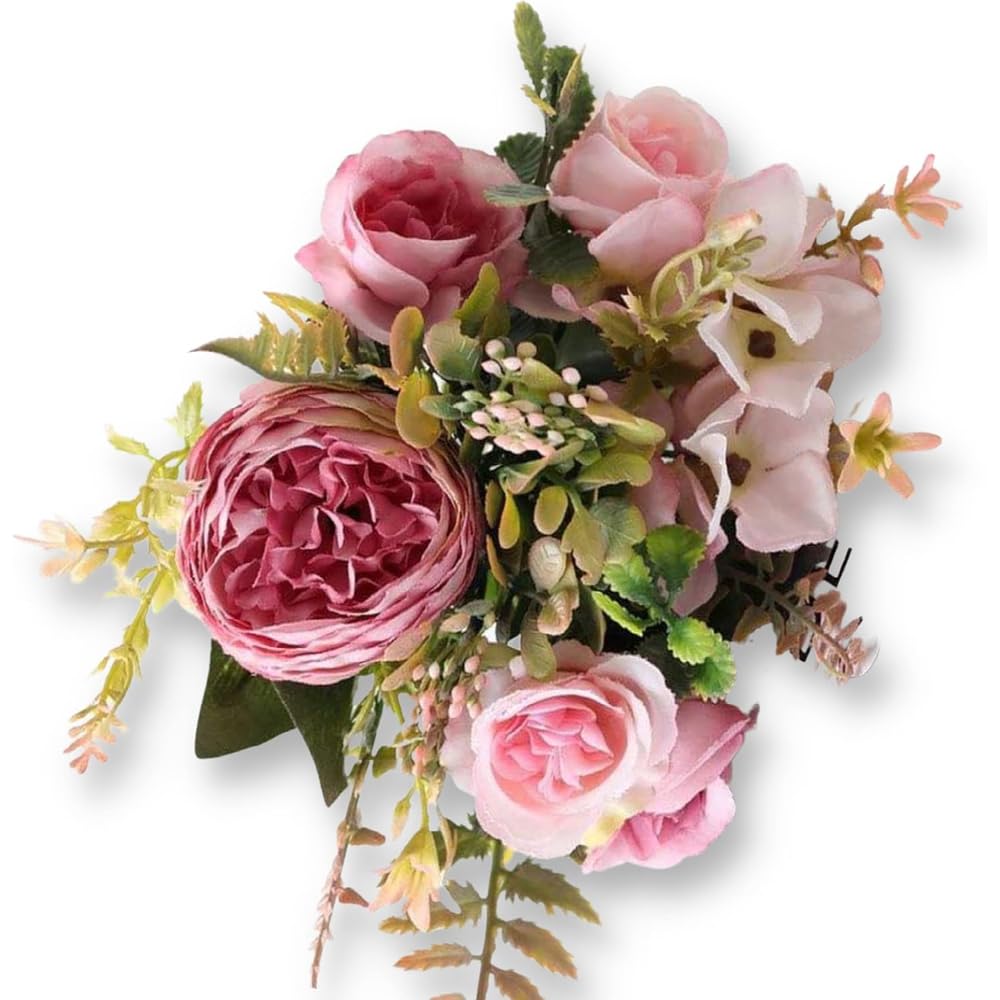 Taasmoog Artificial Flowers, Pink Roses Artificial Flowers Fake Flowers Realistic Fake Plant for Cake Decoration Home Décor Weddings DIY and Crafts (Peony Rose Hydrangea Foliage)