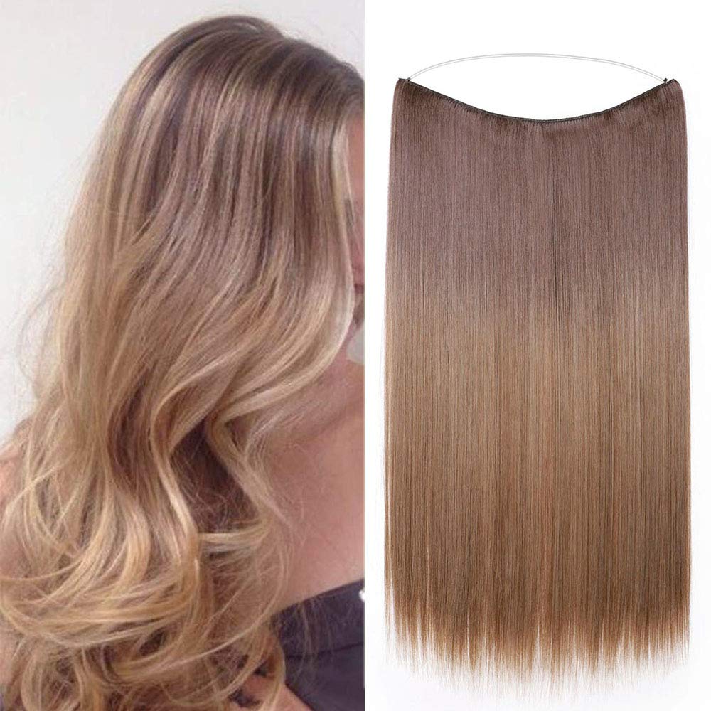Silk-co 20inch Wire in Hair Extensions One Piece Hairpiece Sythetic Hidden Elastic Long Straight Half Head Light Brown&Dark Blond