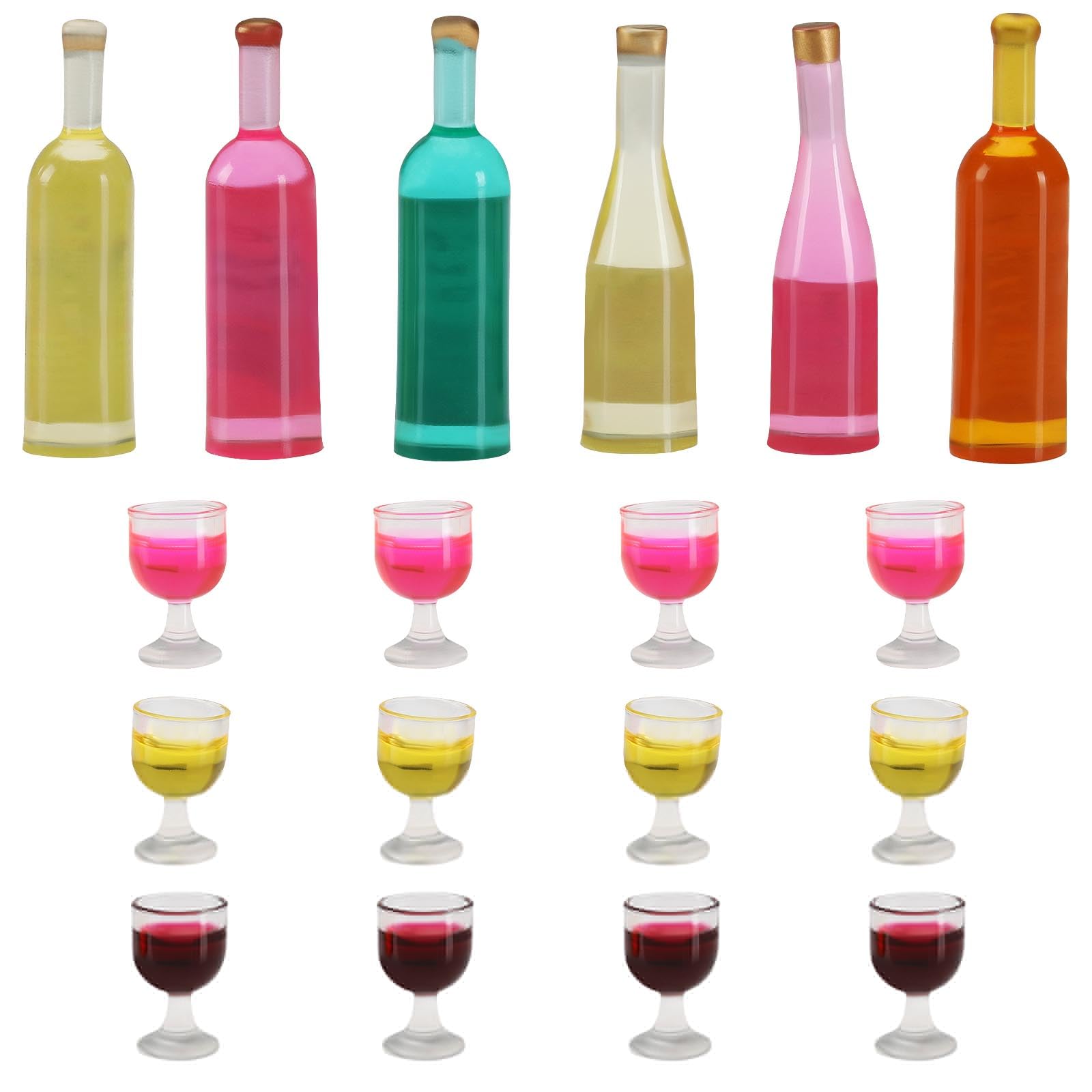 VGOL 6PCS Dollhouse Miniature Wine Bottles & 12PCS Champagne Cups 1:12 Scale Mini Resin Bottles Wine Glasses Simulation Kitchen Pretend Play Toy Model Decoration