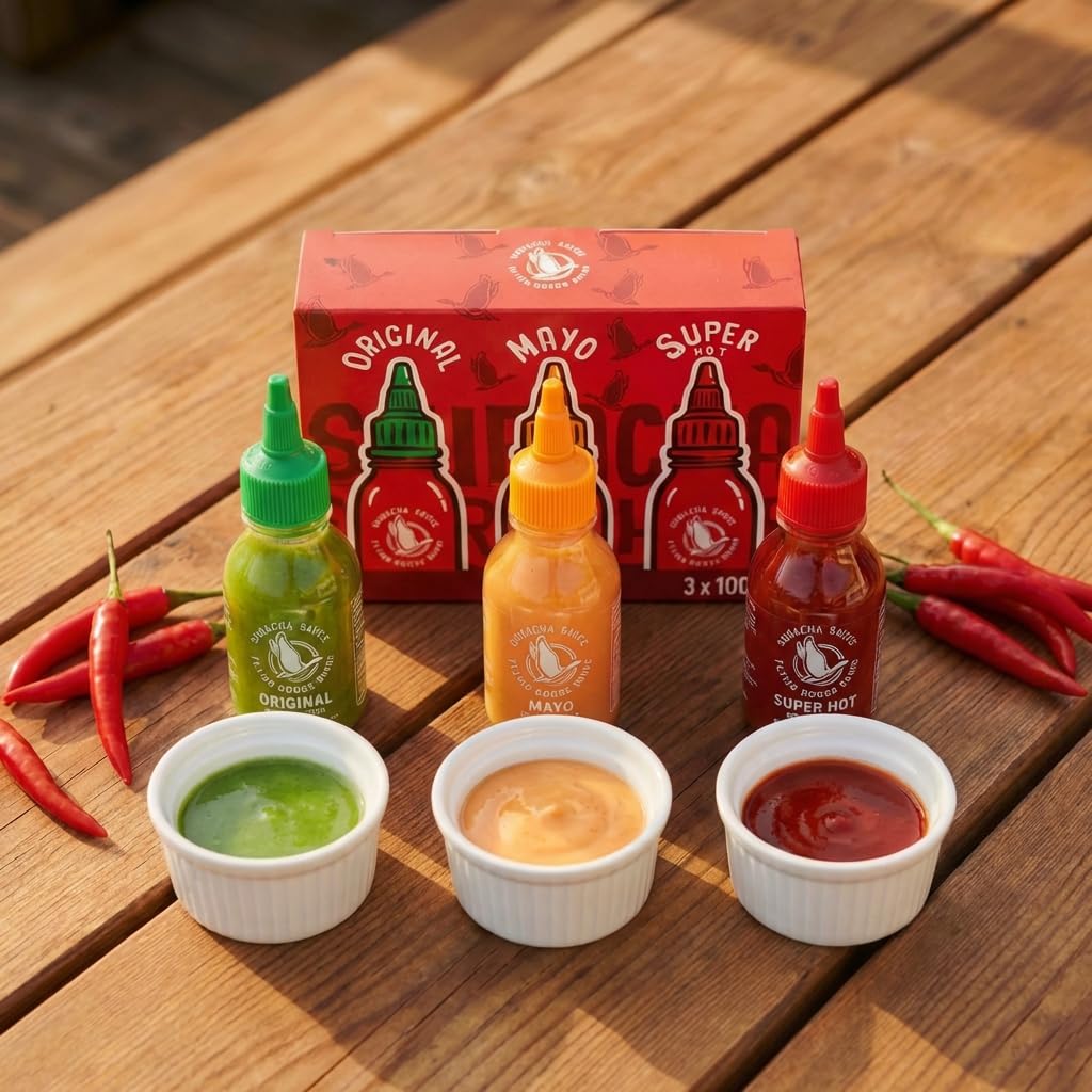 FLYING GOOSE Sriracha scharfe Chilisaucen Mischkarton in 3 Geschmacksrichtungen, ideal zum Verschenken, Würzsaucen aus Thailand zum Würzen, Dippen und Verfeinern, 3 x 100 ml Multipackung 6
