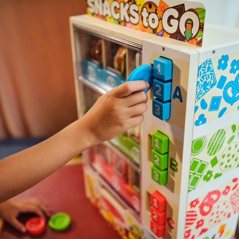 Set Il Distributore Automatico delle Merende in Legno - Macchina con Snack Finti, Monete e Tessere, Gioco Educativo di Imitazione, Idea Regalo Creativa per Bambini e Bambine, 3+