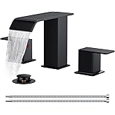 FORIOUS Bathroom Faucets 3 Hole,Matte Black 8 Inch Widespread Bathroom Sink Faucet Waterfall Spout, with Pop Up Drain and Water Supply, Suitable for Vanity Rv Commercial Lavatory Restroom