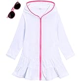 LUCKYGAL Girls Swim Cover Up Kids Long Sleeve Swimsuit Coverup Terry Beach Pool Clothes with Sunglasses