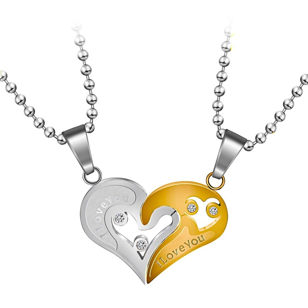 Uloveido A Pair of Stainless Steel Couples Necklace Half Heart Pendants I Love You Necklace for Men and Women (Gold) — image 1