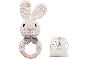 WOODEN TEETHER Crochet Baby Rattle, Baby Shaker Toy, Baby Rattles 0-6 Months, Handmade Newborn Toys, Easter Bunny Rattle, Animal Baby Rattle，Knitted Stuffed Animals Gifts for Boys and girs Bunny Rattle