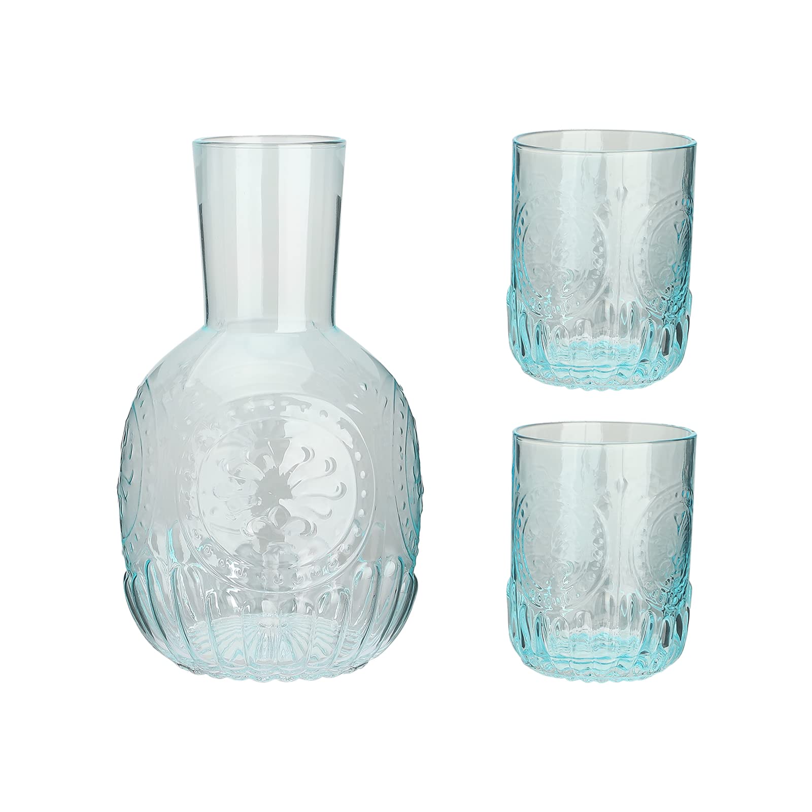 44oz Crystal Nightstand Water Carafe with 2 Tumbler Glass Cup, Bedside Water Carafe and Glass Set, Glass Juice Mouthwash Bottle for Storing Water, Juice and Other Drinks(Blue)