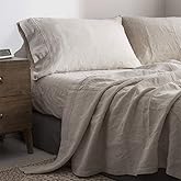 Simple&Opulence 100% Pure Linen Sheet Set King Size, Natural French Flax Solid Color 4 Pcs Washed Breathable, Farmhouse Bedding (1 Flat Sheet,1 Fitted Sheet,2 Pillowcases)-Embroidery Linen