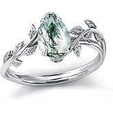 Wasee Natural Moss Agate Ring 925 Sterling Silver Opal Birthstone Ring 925 Sterling Silver Leaf Promise Ring for Her Birthday Anniversary Jewelry for Women