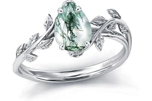 Wasee Natural Moss Agate Ring 925 Sterling Silver Opal Birthstone Ring 925 Sterling Silver Leaf Promise Ring for Her Birthday Anniversary Jewelry for Women