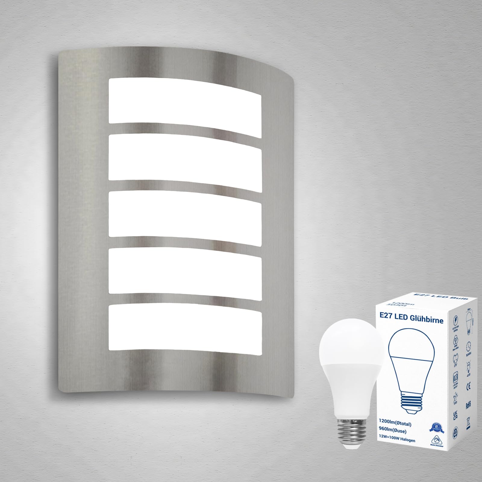 Wondlumi Outdoor Wall Lights Mains Powered IP44 Waterproof Stainless Steel Outside Wall Light for Porch, Incl. 12W E27 Bulbs Cool White 6000K
