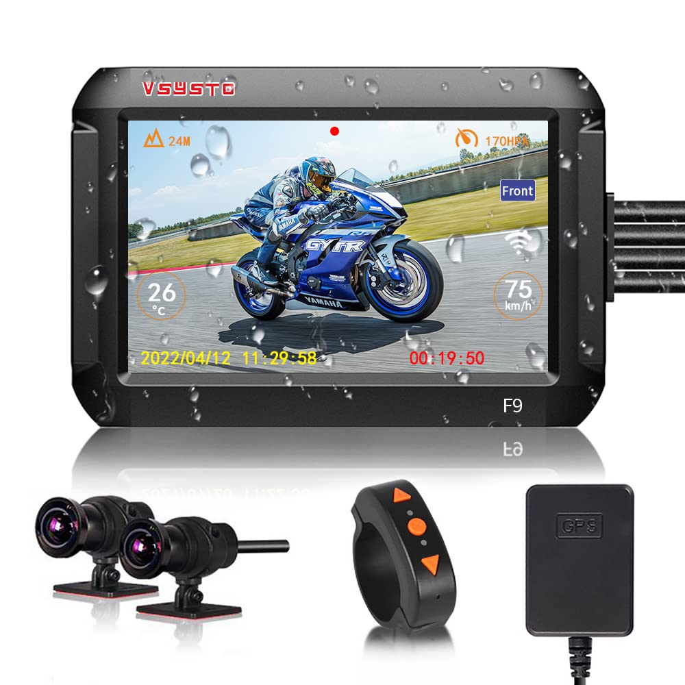 VSYSTO Motorcycle Camera Front and Rear, Dual Lens 1080P Video Recorder 4'' LCD Screen 150° Wide Angle Waterproof Motorcycle Dash Cam with GPS, WiFi, Night Vision, Parking Monitoring