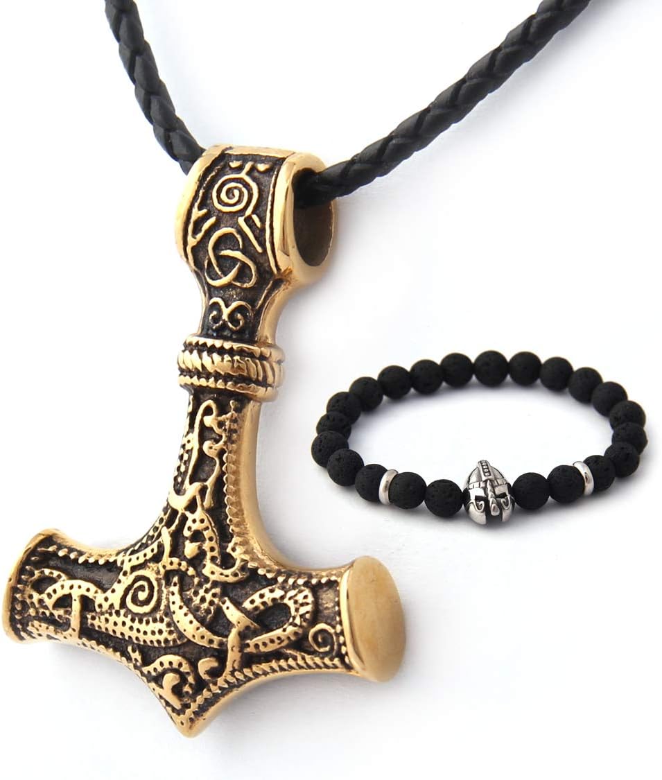 BAVIPOWERBAVIPOWER 18K Gold Pated Mjolnir Pendant Norse Viking Thors Hammer Necklace for Men Women 316L Stainess Steel Nordic Scandinavian JewelryGift