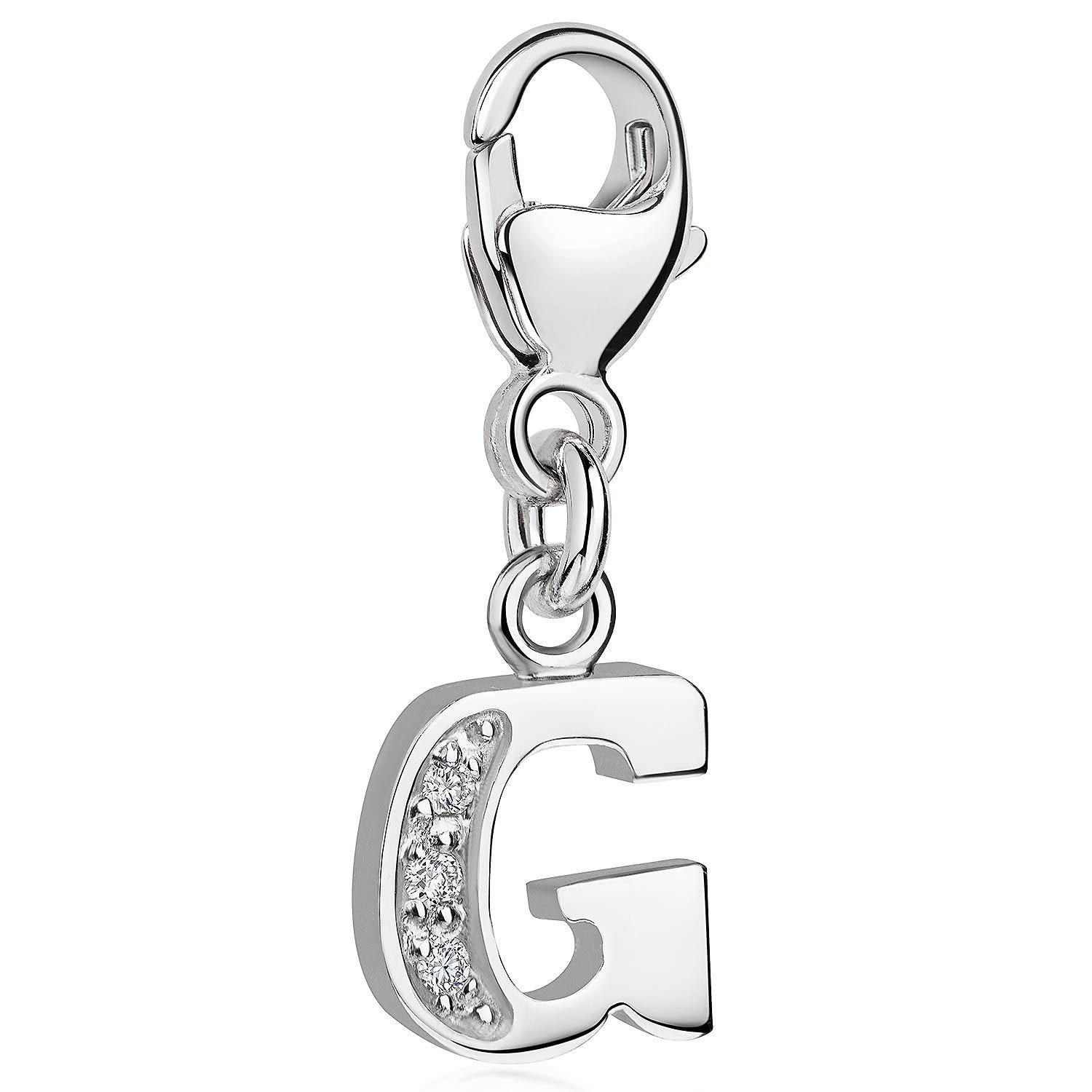 MATERIA Letter G Charms Pendant Alphabet Silver 925 with 3 Cubic Zirconia for Charms Bracelet / Chain # C57