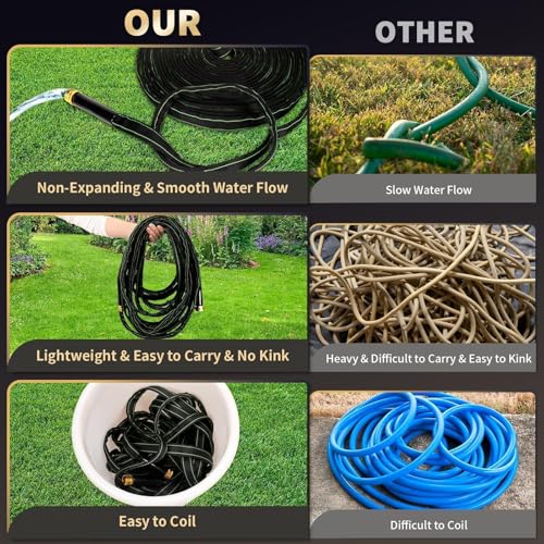 Ahititi Garden Hose 100 ft Water Hose Flexible Heavy Duty Outdoor Lightweight No Kink Long Non-Expandable High Pressure Flat Hoses Pipe 100’ Strong 3/4’’ Brass Fitting for Outside Yard Lawn Car Wash