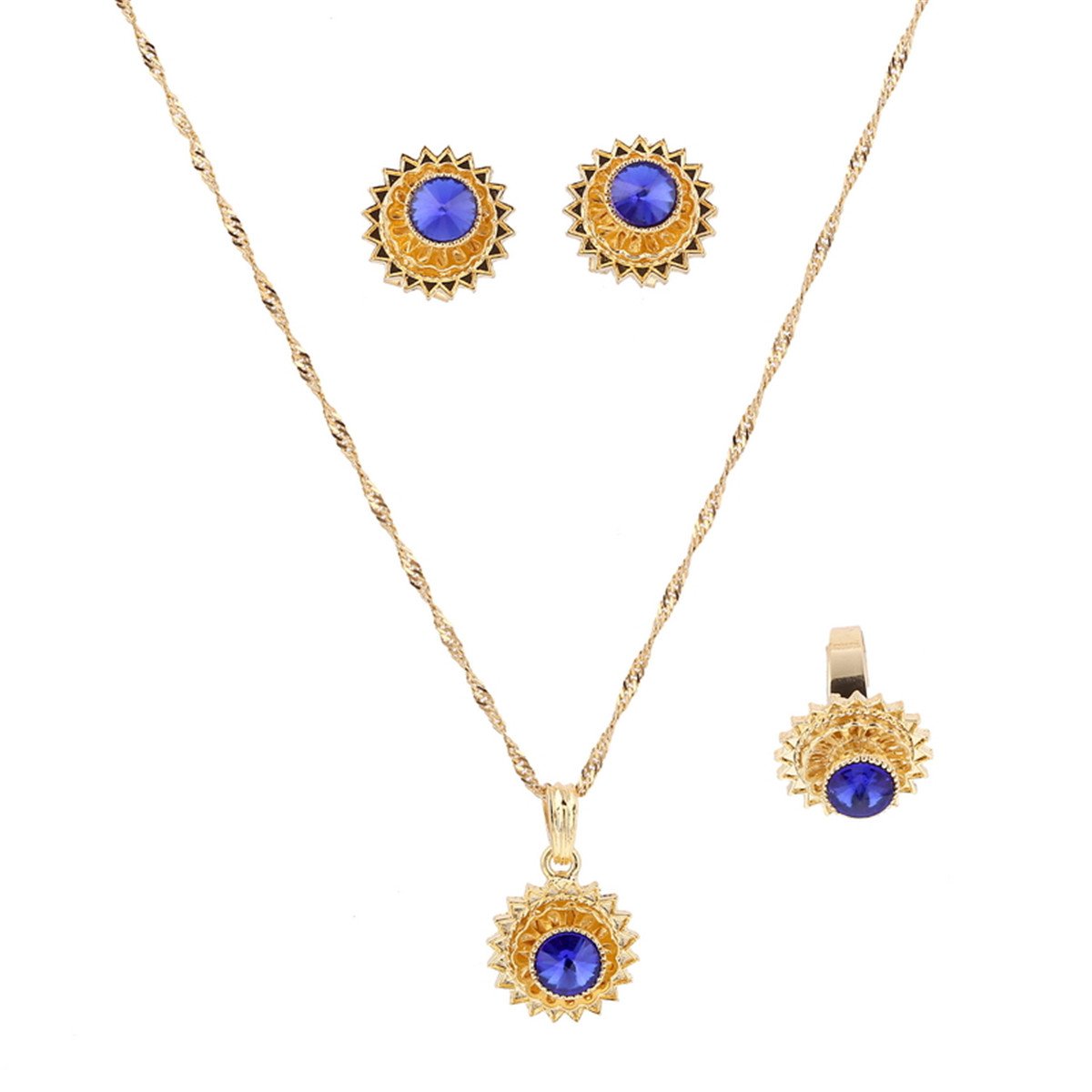 Flower Jewelry Set Ethiopian Gold Jewelry Sets Earrings Pendant Ring with Stone African Habesha Nigeria Jewelry, Brass