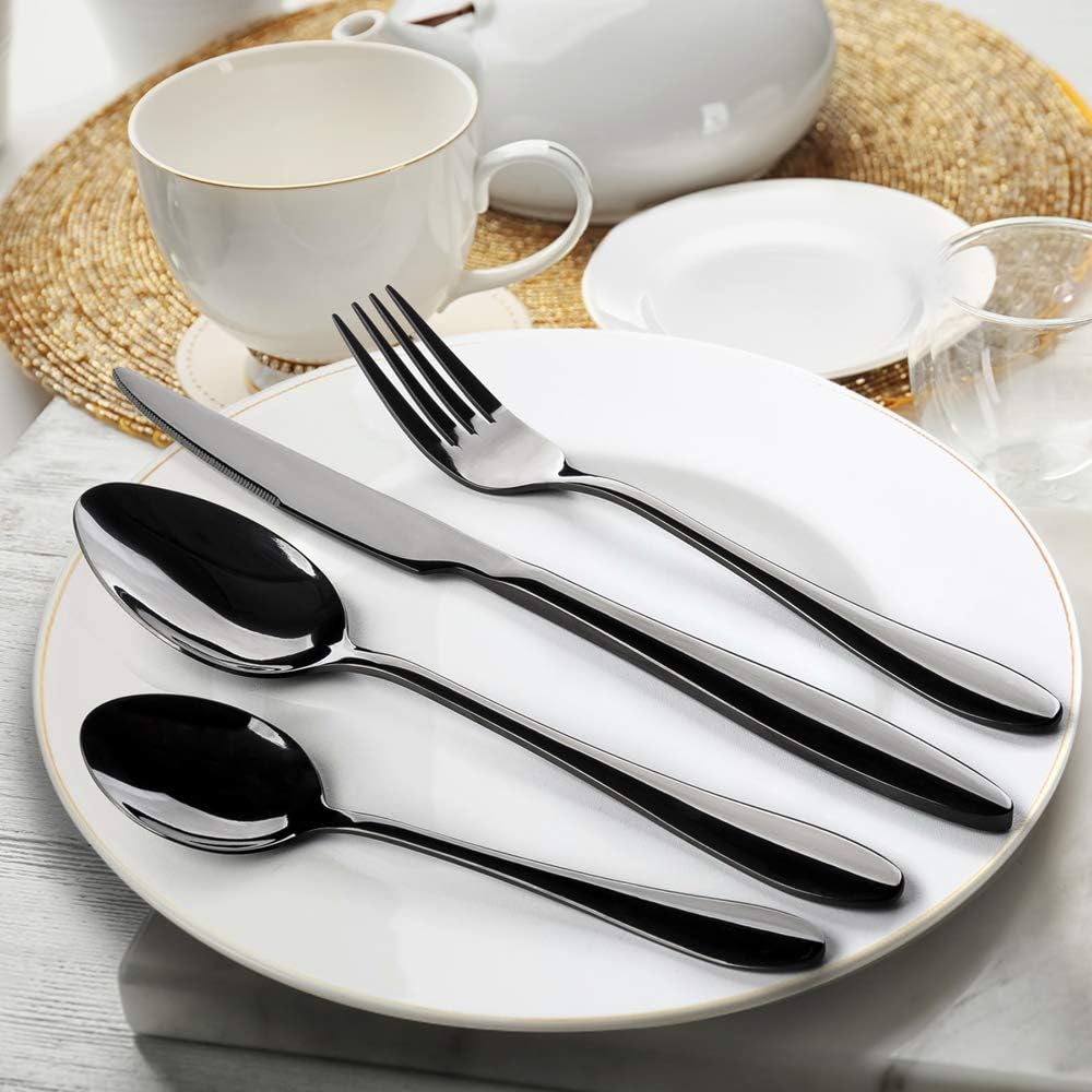 HaWare 24 Piece Black Cutlery Flatware Set, Stainless Steel Silverware with Knife Spoon Fork, Service for 6, Mirror Finish - Image 3
