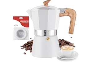 MVPLUE Greca Stovetop Espresso Maker 6 Cup 9.9 oz ，Cuban Coffee Maker Aluminum Ivory White，Moka Pot includes 1 Filter and 3 Silicone Gasket Seals， Make Coffee Easily at Home And Camping